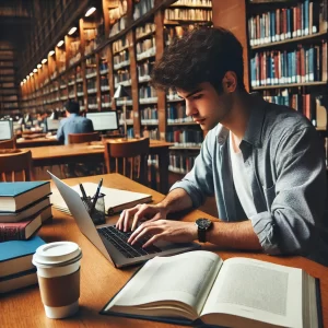 DALL·E 2025 01 30 09.39.36 A university student writing a research paper at a desk in a library. The student is focused typing on a laptop with an open notebook beside them. Th